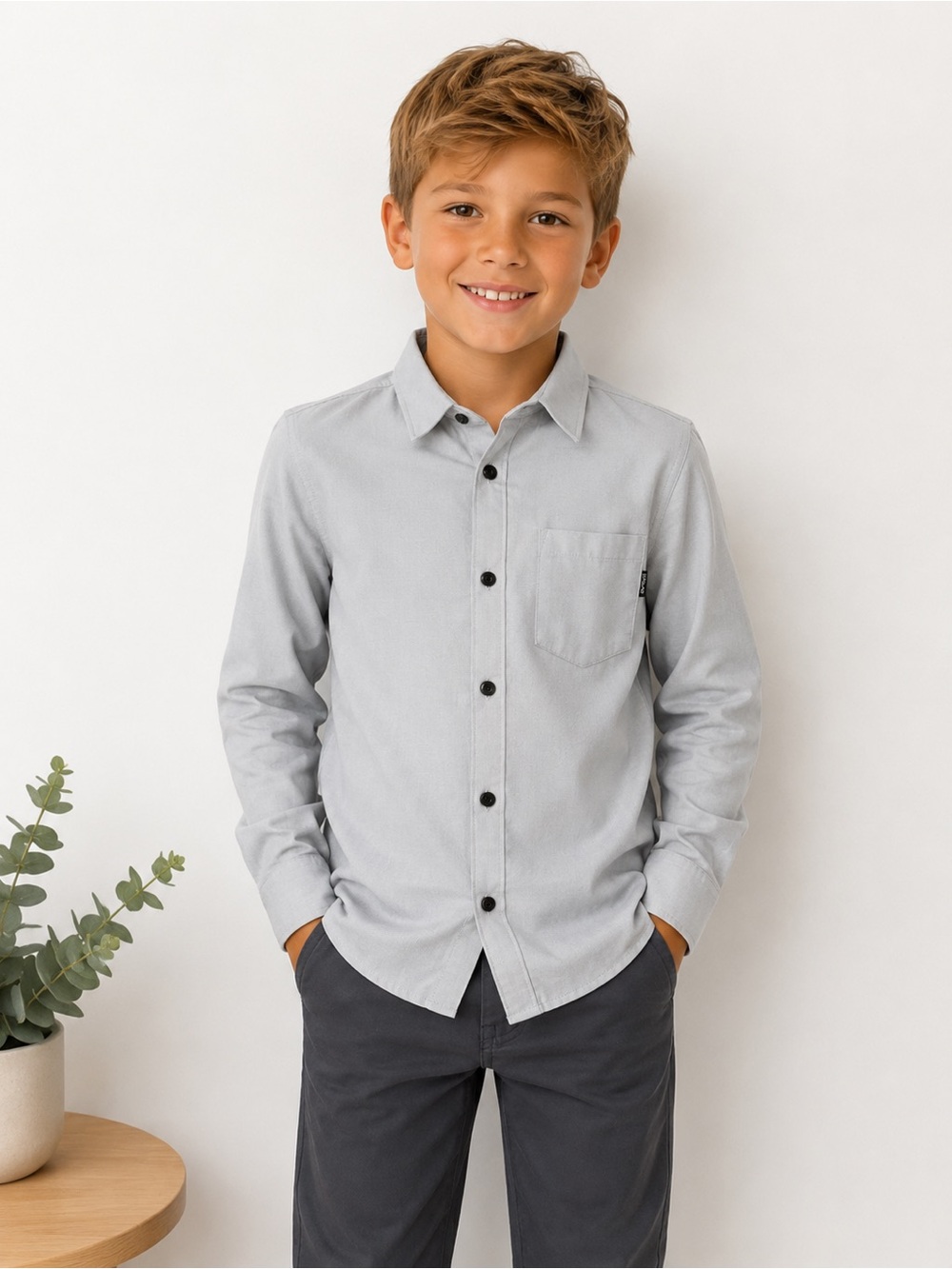 NEW Boys HURLEY Light Smoke Grey Long Sleeve Button Down Shirt Small 8-10